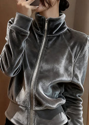 Modern Grey Stand Collar Zippered Silk Velvet Coat Fall