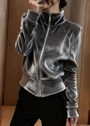 Modern Grey Stand Collar Zippered Silk Velvet Coat Fall