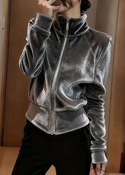 Modern Grey Stand Collar Zippered Silk Velvet Coat Fall