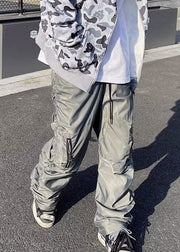 Modern Grey Zip Up Wrinkled Elastic Waist Cotton Mens Pants Spring