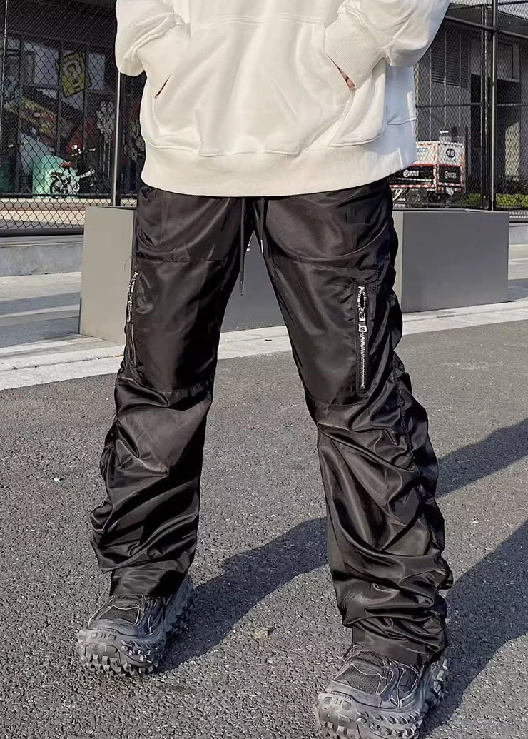 Modern Grey Zip Up Wrinkled Elastic Waist Cotton Mens Pants Spring