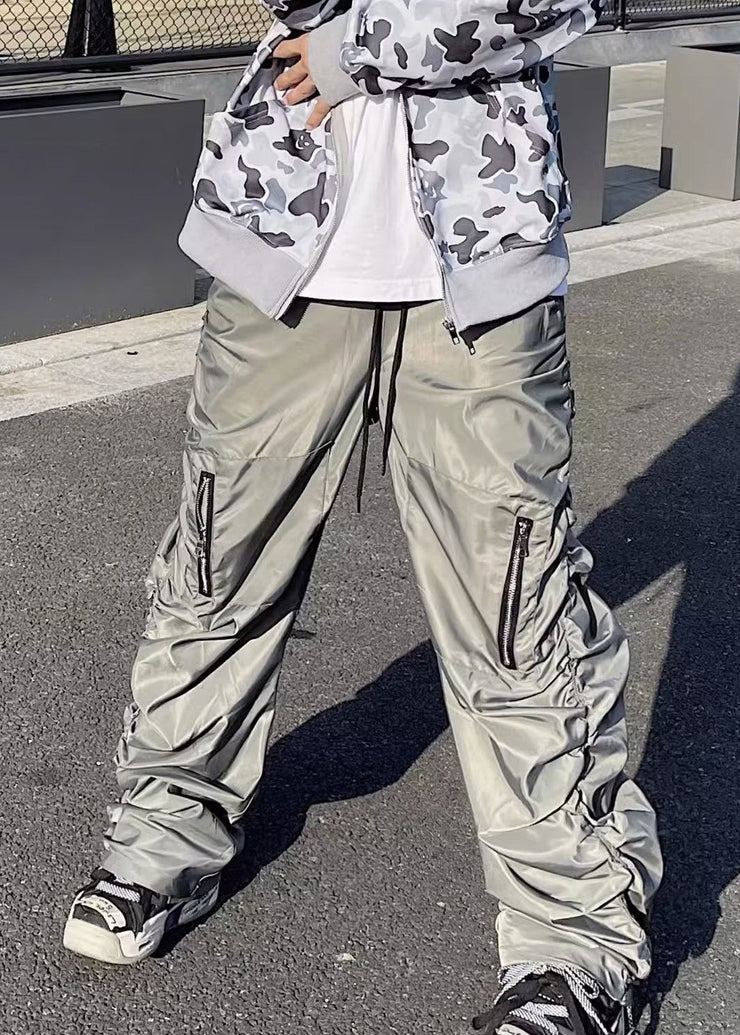 Modern Grey Zip Up Wrinkled Elastic Waist Cotton Mens Pants Spring