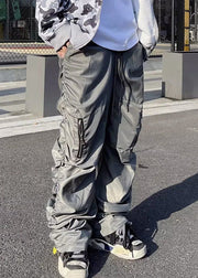 Modern Grey Zip Up Wrinkled Elastic Waist Cotton Mens Pants Spring