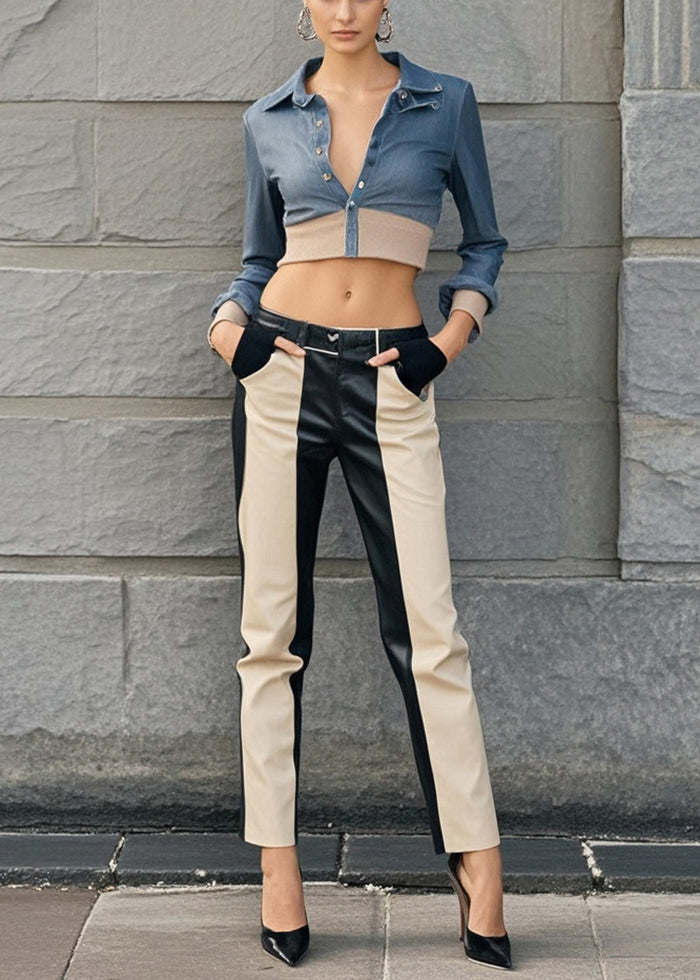 Modern Khaki Black Patchwork Pockets Faux Leather Pants Spring