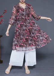 Modern Khaki Ruffled Print Chiffon Beach Dress Bracelet Sleeve