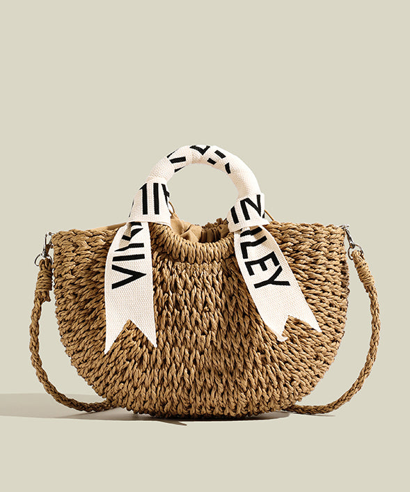 Modern Khaki Solid Durable Straw Woven Tote Handbag