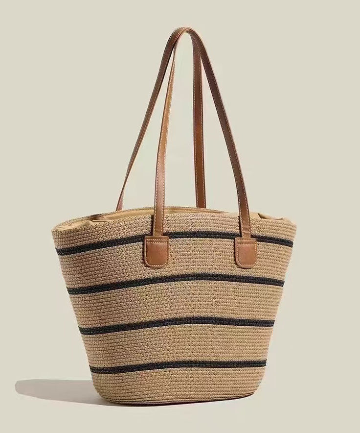 Modern Khaki Striped Large Capacity Straw Woven Tote Handbag