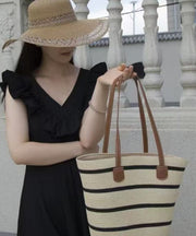 Modern Khaki Striped Large Capacity Straw Woven Tote Handbag