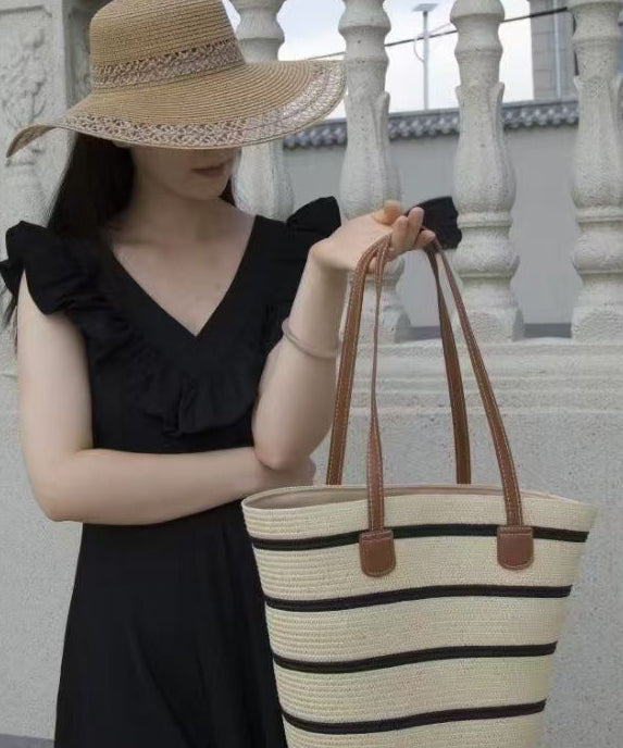 Modern Khaki Striped Large Capacity Straw Woven Tote Handbag