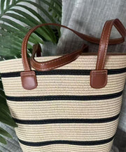 Modern Khaki Striped Large Capacity Straw Woven Tote Handbag