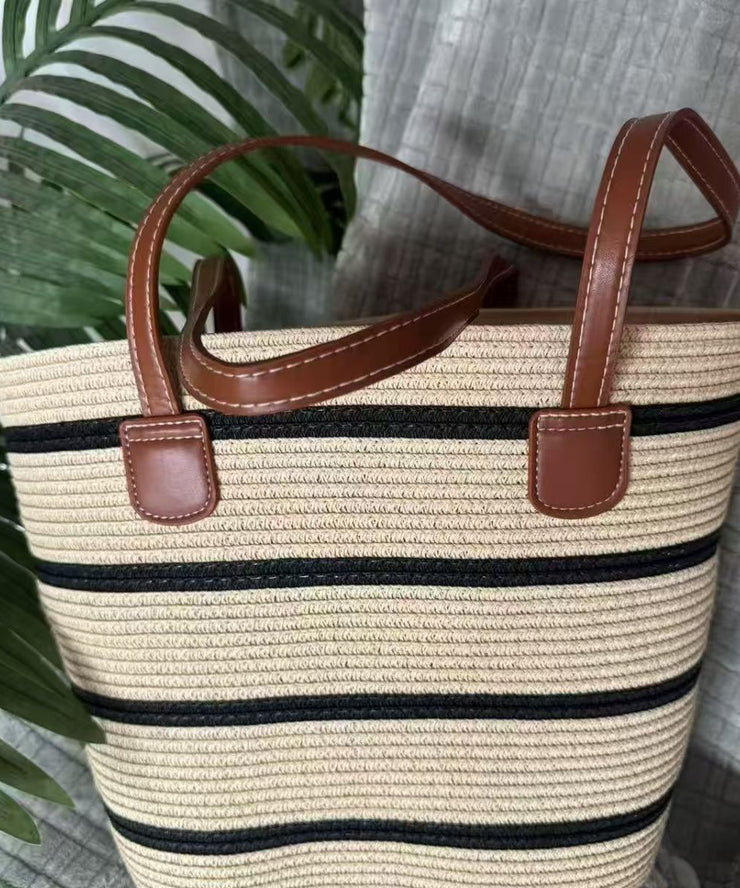 Modern Khaki Striped Large Capacity Straw Woven Tote Handbag