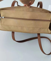 Modern Khaki Striped Large Capacity Straw Woven Tote Handbag