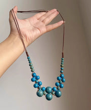 Modern Lake Blue Weave Ceramic Beading Adjustable Pendant Necklace