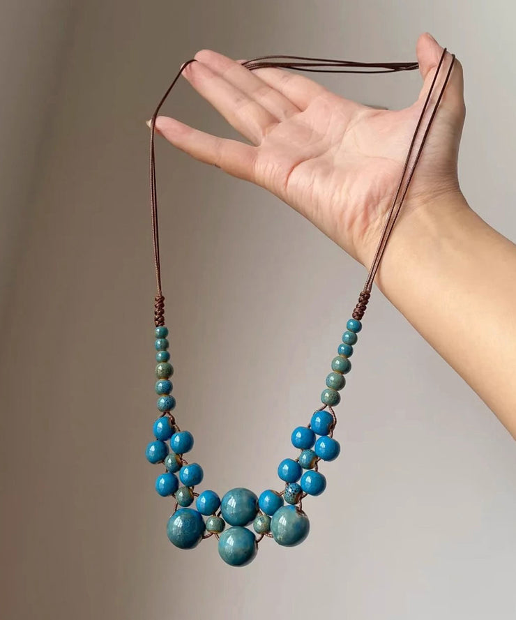 Modern Lake Blue Weave Ceramic Beading Adjustable Pendant Necklace