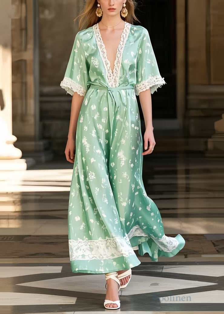 Modern Lake Green Print Patchwork Lace Holiday Dress Summer