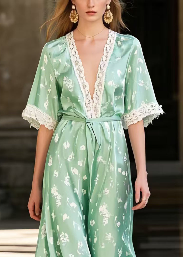 Modern Lake Green Print Patchwork Lace Holiday Dress Summer