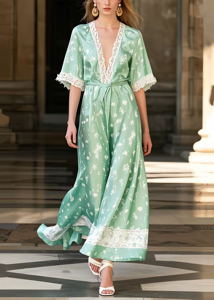 Modern Lake Green Print Patchwork Lace Holiday Dress Summer