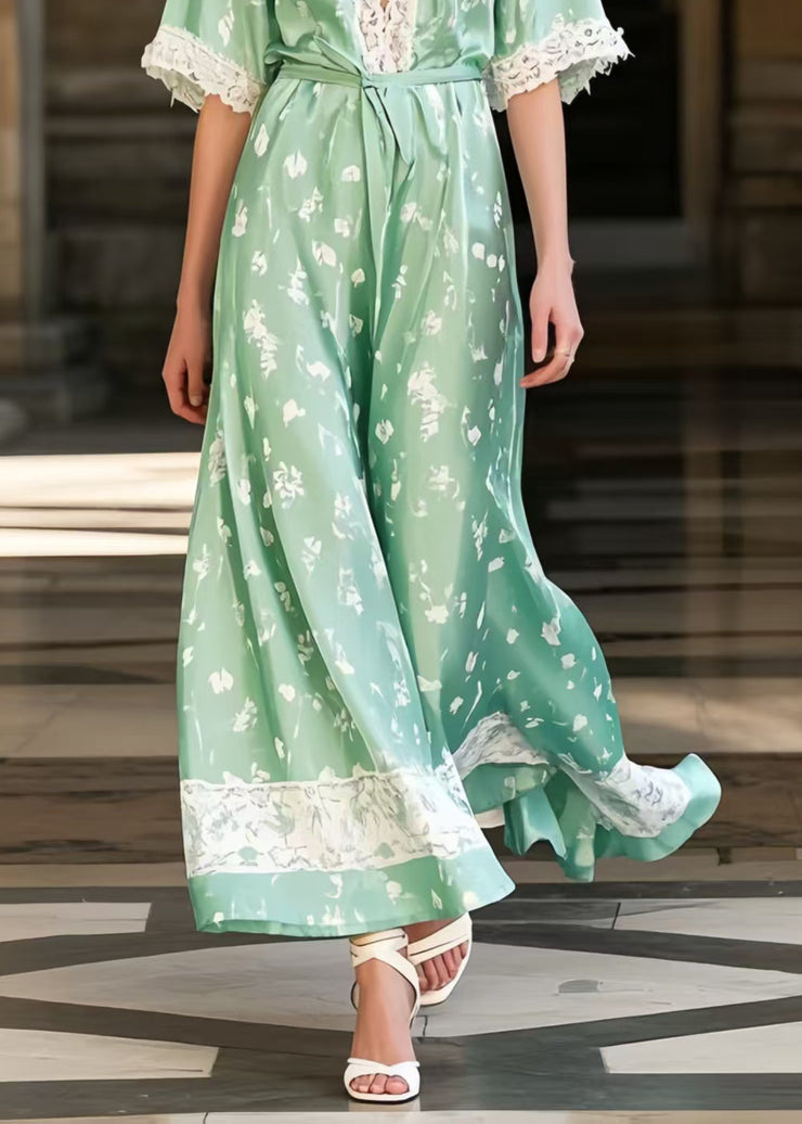 Modern Lake Green Print Patchwork Lace Holiday Dress Summer