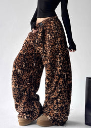 Modern Leopard Drawstring Pockets Elastic Waist Fluffy Pants Winter
