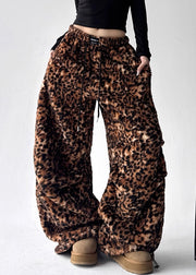 Modern Leopard Drawstring Pockets Elastic Waist Fluffy Pants Winter