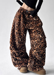 Modern Leopard Drawstring Pockets Elastic Waist Fluffy Pants Winter