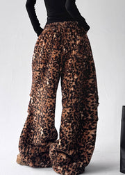 Modern Leopard Drawstring Pockets Elastic Waist Fluffy Pants Winter