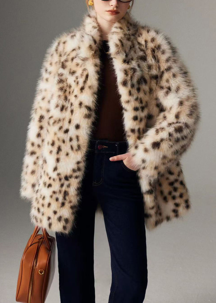 Modern Leopard Print Stand Collar Oversized Faux Fur Coats Winter