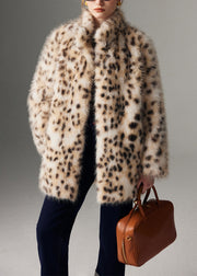 Modern Leopard Print Stand Collar Oversized Faux Fur Coats Winter