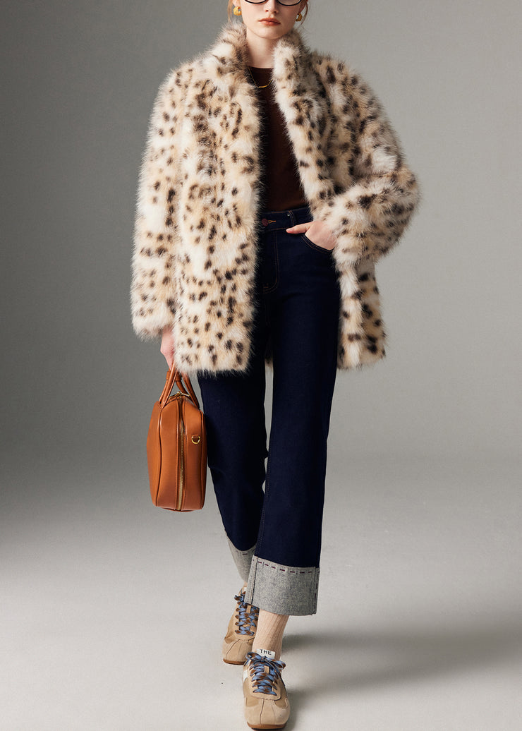 Modern Leopard Print Stand Collar Oversized Faux Fur Coats Winter