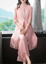 Modern Light Purple Embroideried Side Open Silk Two Piece Set Bracelet Sleeve