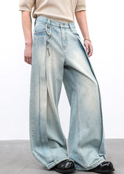 Modern Light Blue Pockets High Waist Men Wide Leg Pants Summer