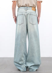 Modern Light Blue Pockets High Waist Men Wide Leg Pants Summer