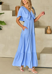Modern Light Blue V Neck Wrinkled Solid Long Dresses Short Sleeve