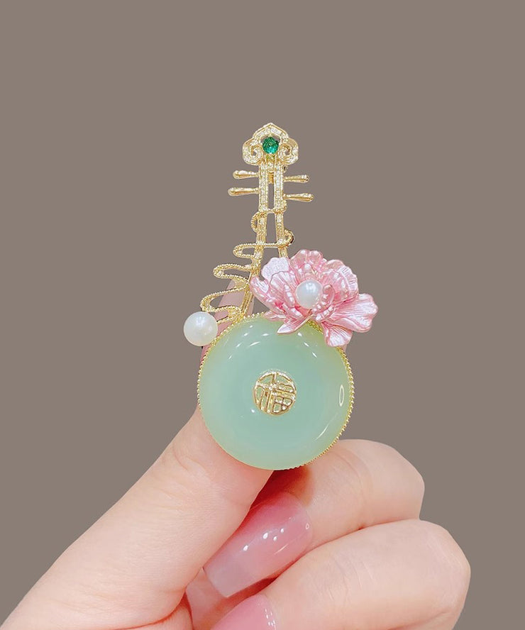 Modern Light Green Alloy Pearl Jade Pipa Brooches