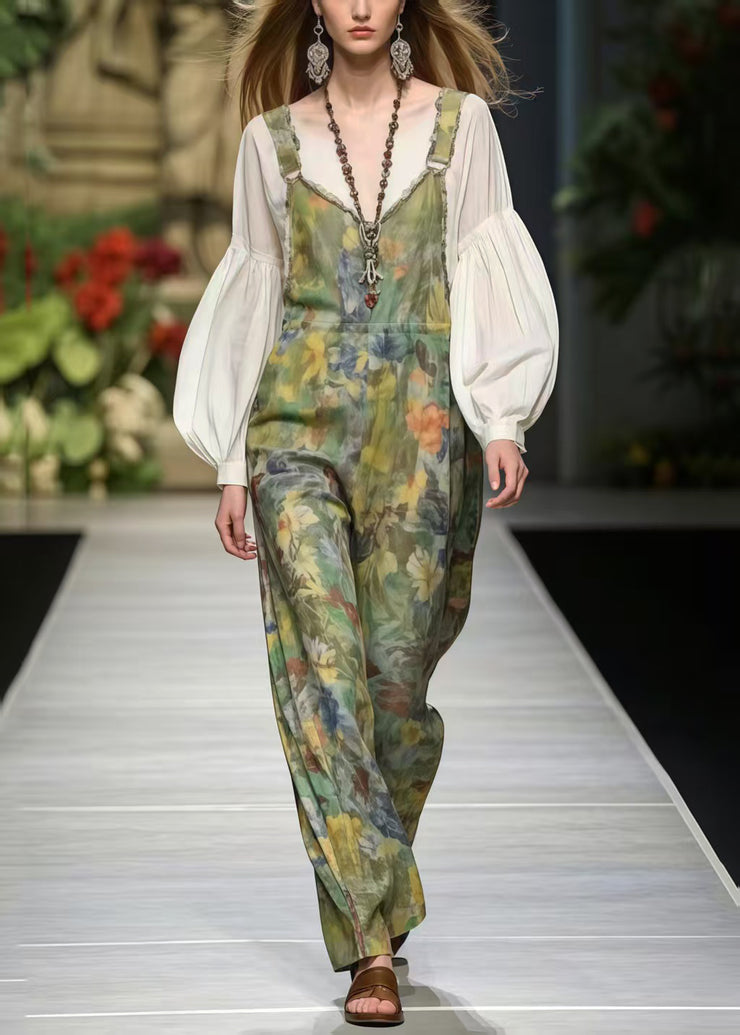 Modern Light Green Oversized Print Cotton Jumpsuits Spring