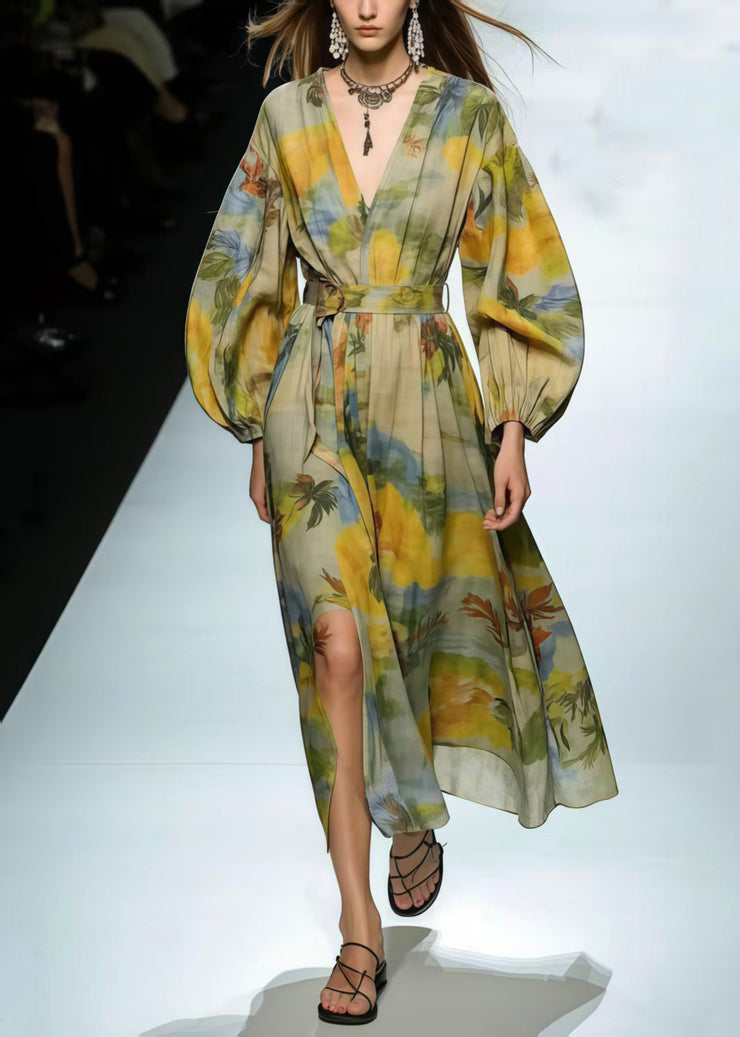 Modern Light Green V Neck Print Cotton Tunic Dress Spring