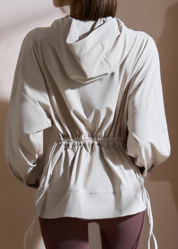 Modern Light Grey Pockets Patchwork Hooded Yoga Coats