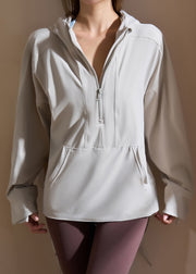 Modern Light Grey Pockets Patchwork Hooded Yoga Coats