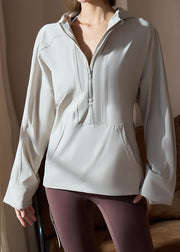 Modern Light Grey Pockets Patchwork Hooded Yoga Coats