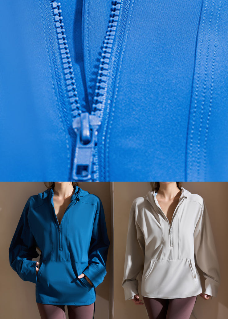 Modern Light Grey Pockets Patchwork Hooded Yoga Coats