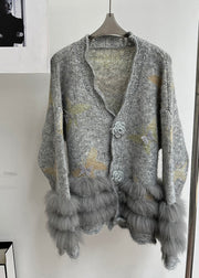 Modern Light Grey V Neck Fur Floral Cotton Knit Cardigans Fall