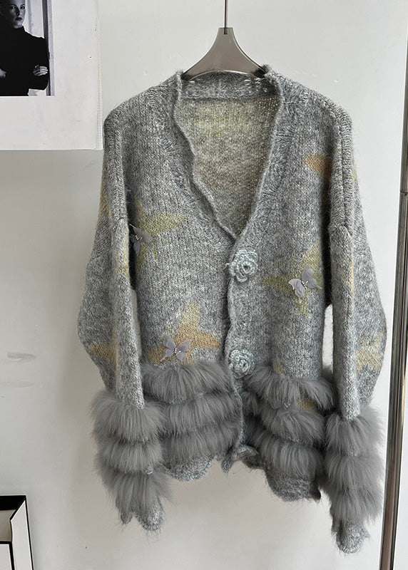 Modern Light Grey V Neck Fur Floral Cotton Knit Cardigans Fall
