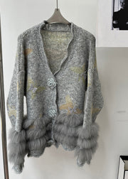 Modern Light Grey V Neck Fur Floral Cotton Knit Cardigans Fall