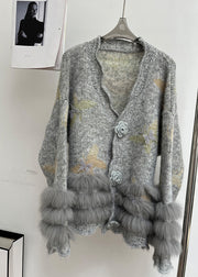 Modern Light Grey V Neck Fur Floral Cotton Knit Cardigans Fall