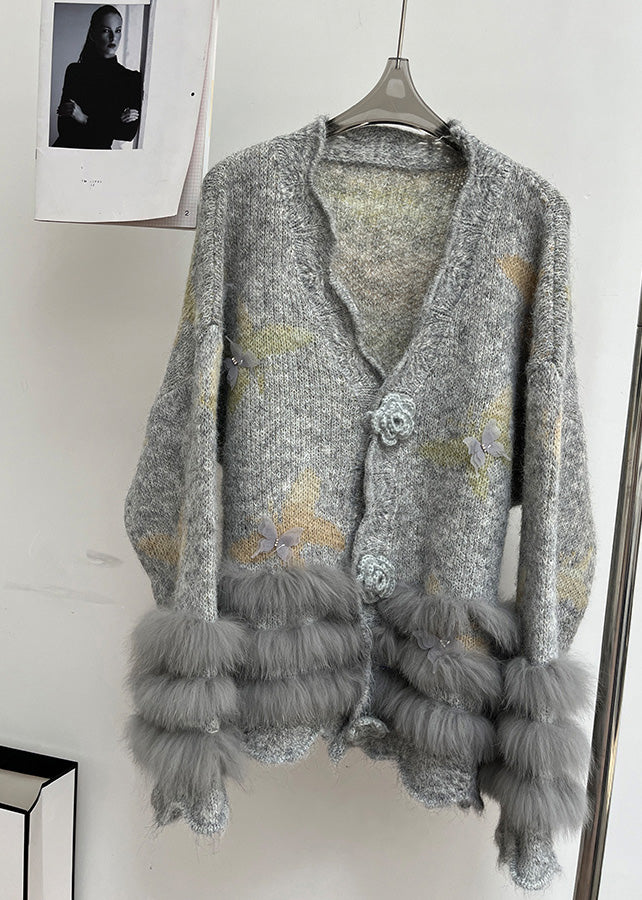 Modern Light Grey V Neck Fur Floral Cotton Knit Cardigans Fall