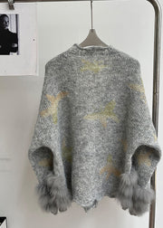 Modern Light Grey V Neck Fur Floral Cotton Knit Cardigans Fall