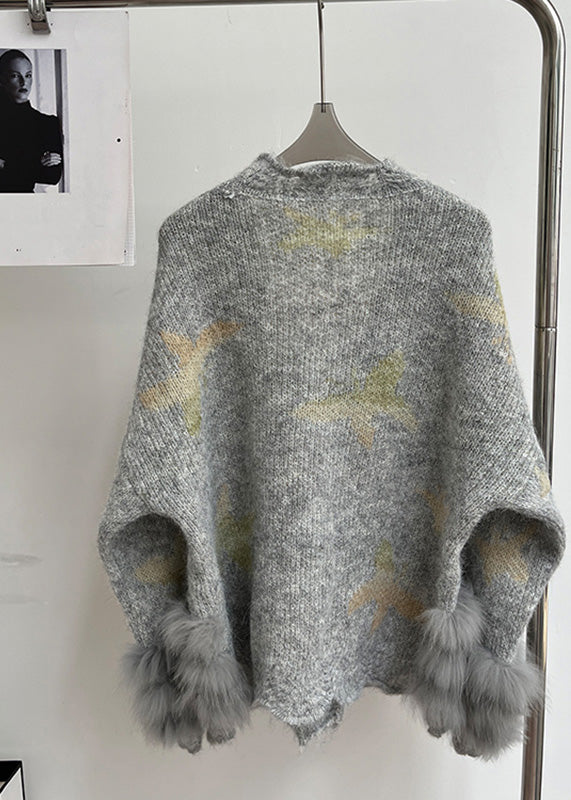 Modern Light Grey V Neck Fur Floral Cotton Knit Cardigans Fall