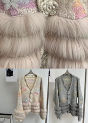 Modern Light Grey V Neck Fur Floral Cotton Knit Cardigans Fall
