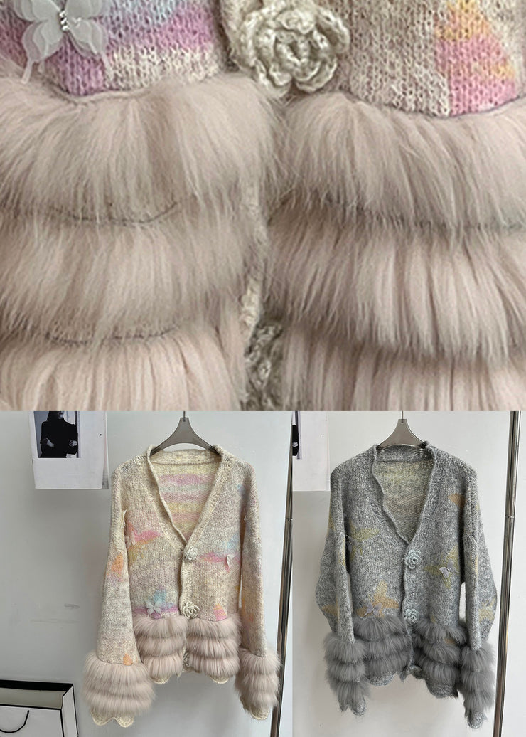 Modern Light Grey V Neck Fur Floral Cotton Knit Cardigans Fall