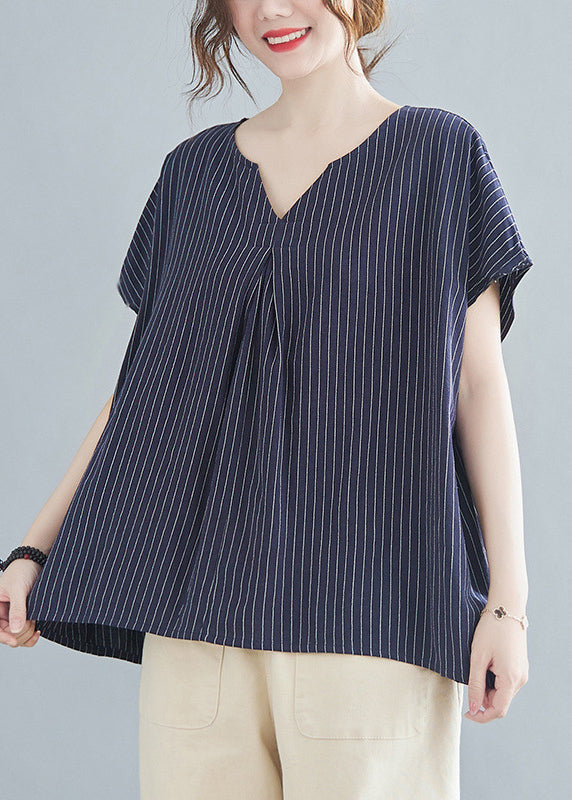 Modern Navy Blue V Neck Striped Top Short Sleeve